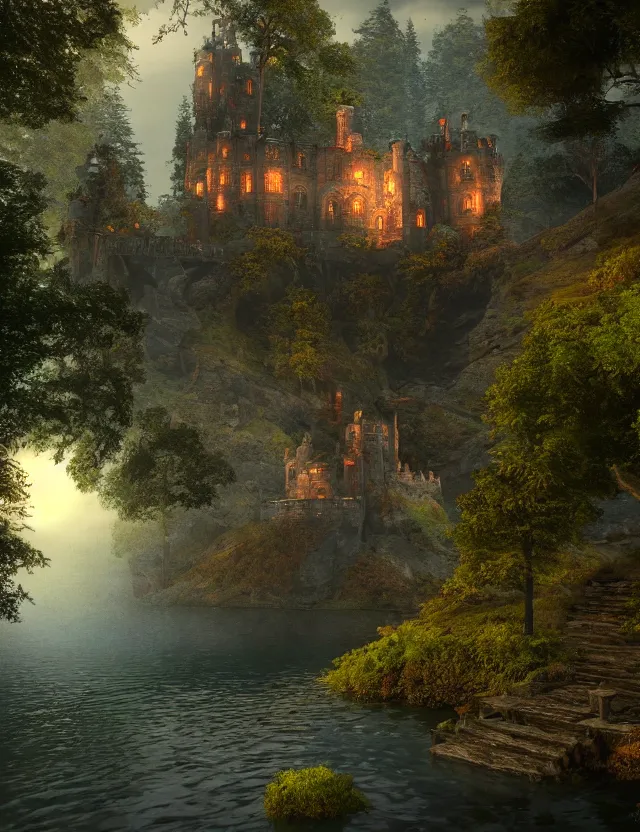 Image similar to unreal engine, tony s art, castle, forest, lake, energy