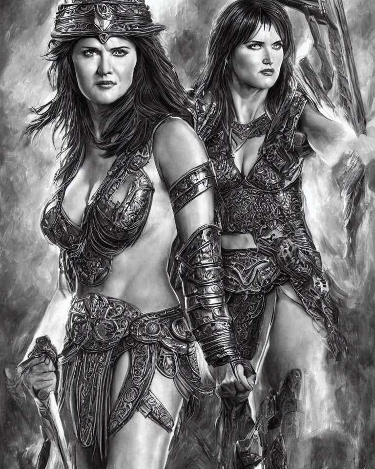 Image similar to a young lucy lawless as xena warrior princess as an amazon warrior, a tall beautiful woman with brown skin and long hair, dressed in hellenistic body armor, intricate, elegant, highly detailed, smooth, sharp focus, detailed face, art by ardian syaf