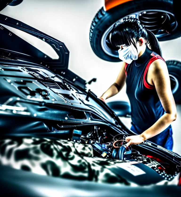 Image similar to a photo close up a female mechanic tuning the engine of a jdm supercar, wearing mask, japanese tuning garage, gunma prefecture, midnight, photorealistic, cinematic color, studio lighting, highly detailed, bokeh, style by tomino - sama