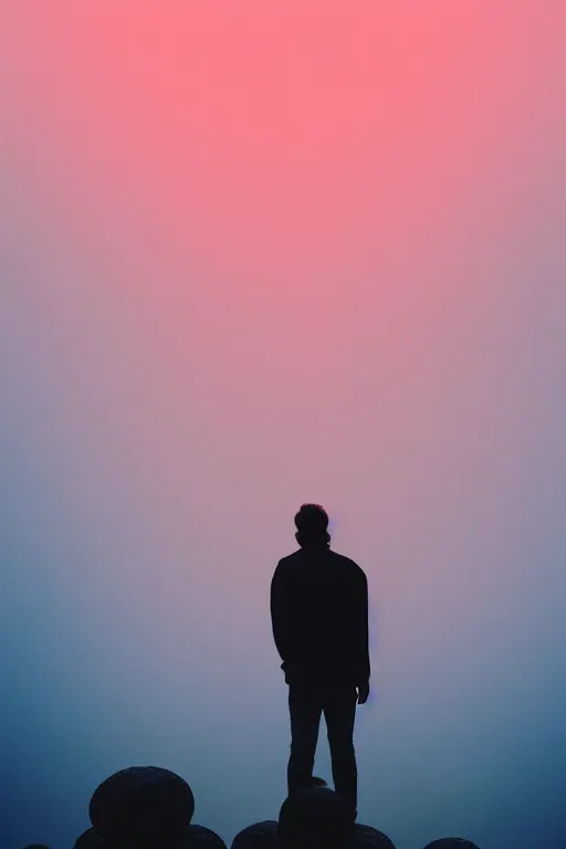 Prompt: agfa vista 4 0 0 photograph of a guy standing on a pile of human skulls, back view, synth vibe, vaporwave colors, lens flare, moody lighting, moody vibe, telephoto, 9 0 s vibe, blurry background, grain, tranquil, calm, faded!,