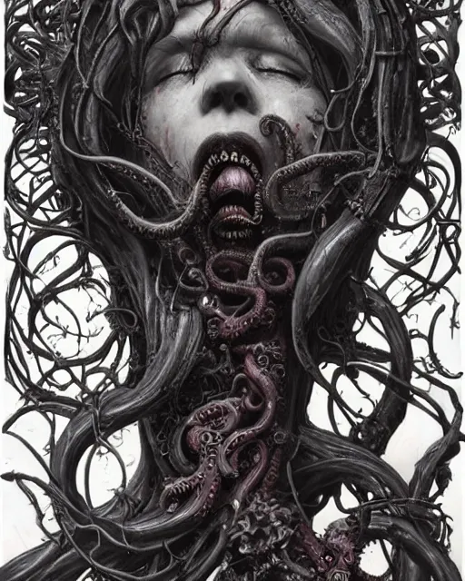 Image similar to centered horrific detailed side view profile portrait of a insane, crazed, mad zombie woman, ornate tentacles growing around, ornamentation, thorns, vines, tentacles, elegant, beautifully soft lit, full frame, by wayne barlowe, peter mohrbacher, kelly mckernan, h r giger