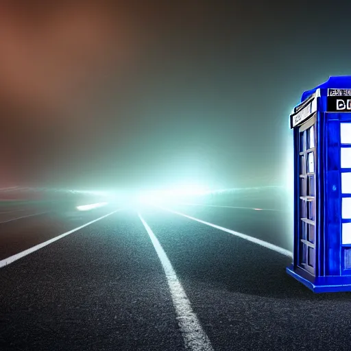 Image similar to a hyperdetailed photograph of the tardis sat on a futuristic street corner, night, dense fog, rain, hd, 8 k resolution