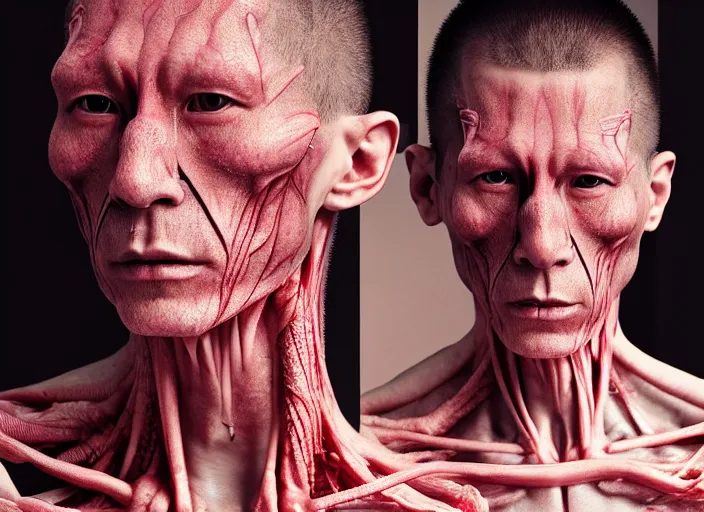 Prompt: mid shot portrait of samurai with invisible skin, visible bones and muscle and veins and nerves and internal organs, in the style of david cronenberg, high fashion, id magazine, realistic, sharp focus, 8 k high definition, film photography, photo realistic, insanely detailed, by david kostic and stanley lau and artgerm