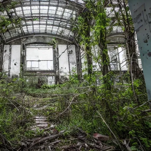 Prompt: an abandoned hospital overgrown and reclaimed by nature, Russian abandoned hospital