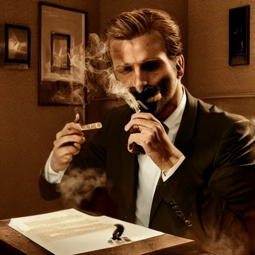 Image similar to a lion smoking a cigar wearing a suit, subject= lion, subject detail: wearing a suit, subject action: smoking a cigar, dramatic lighting, cinematic lighting, establishing shot, photorealistic, high details, cinematic, 8k resolution, extremly detailed, photorealistic, artstation, unreal engine