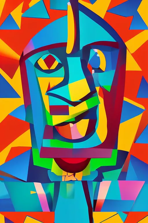 Image similar to cubist moai statue cutout digital illustration cartoon colorful beeple