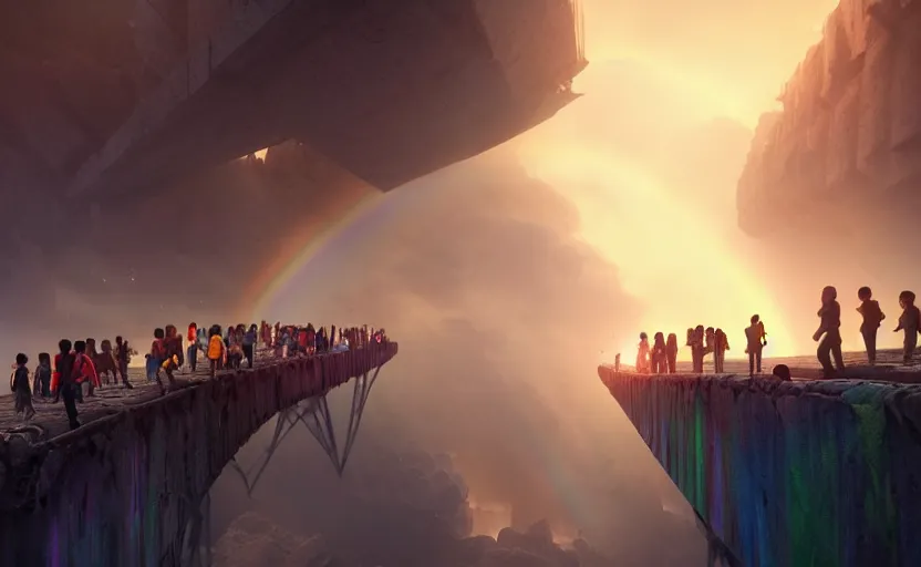 Prompt: incredible, mindblowing, refugees crossing a ruined bridge made of rainbow hardlight, floating city in the sky, matte painting, artstation, cgsociety, dramatic lighting, concept art, octane render, arnold 3 d render