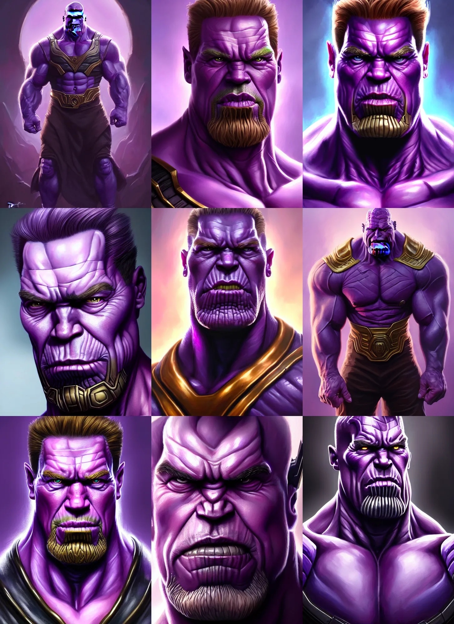 Prompt: a fantasy style portrait painting a character if arnold schwarzenegger and thanos had a son, purple skin, powerful chin, thanos style traits, painting, unreal 5, daz., rpg, portrait, extremely detailed, artgerm greg rutkowski _ greg