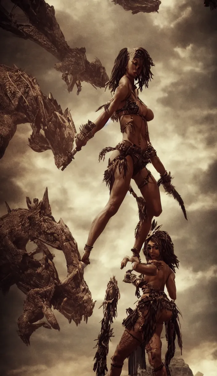 Prompt: solo ancient tribewoman standing against army,bikini inspired monster hunter,back camera, muscular, dramatic lighting, cinematic, establishing shot, extremely high detail, photorealistic, 300 the movie,cinematic lighting, artstation, octane render, western,old photo, vintage