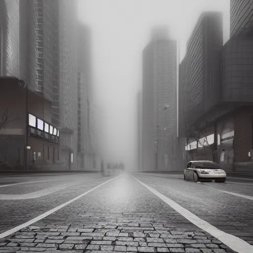 Prompt: gloomy foggy morning city landscape octane render, 8k, high details, cryengine, unreal engine