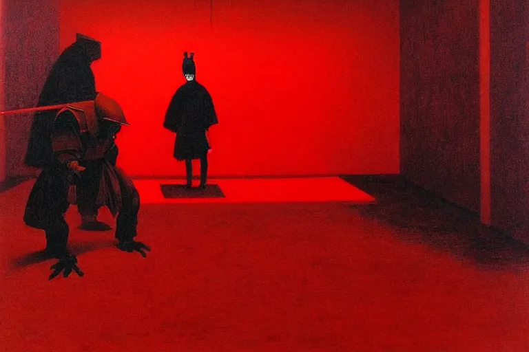 Image similar to only with red, a red samurai do seppuku, tokio, a lot of frogs watch, in the style of beksinski, parts by edward hopper, parts by rodcenko, parts by yue minjun, intricate and epic composition, red by caravaggio, insanely quality, highly detailed, masterpiece, red light, artstation, 4 k