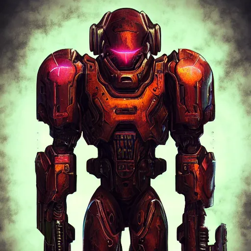 Prompt: Doom slayer heavy weaponry futuristic armor, synthwave background, vivid color, high quality, digital painting, hyperrealism, neon, perfect symmetry