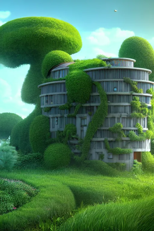 Image similar to cylindrical house, solarpunk, studio ghibli, jean - baptiste monge, octane render, 4 k, overgrown