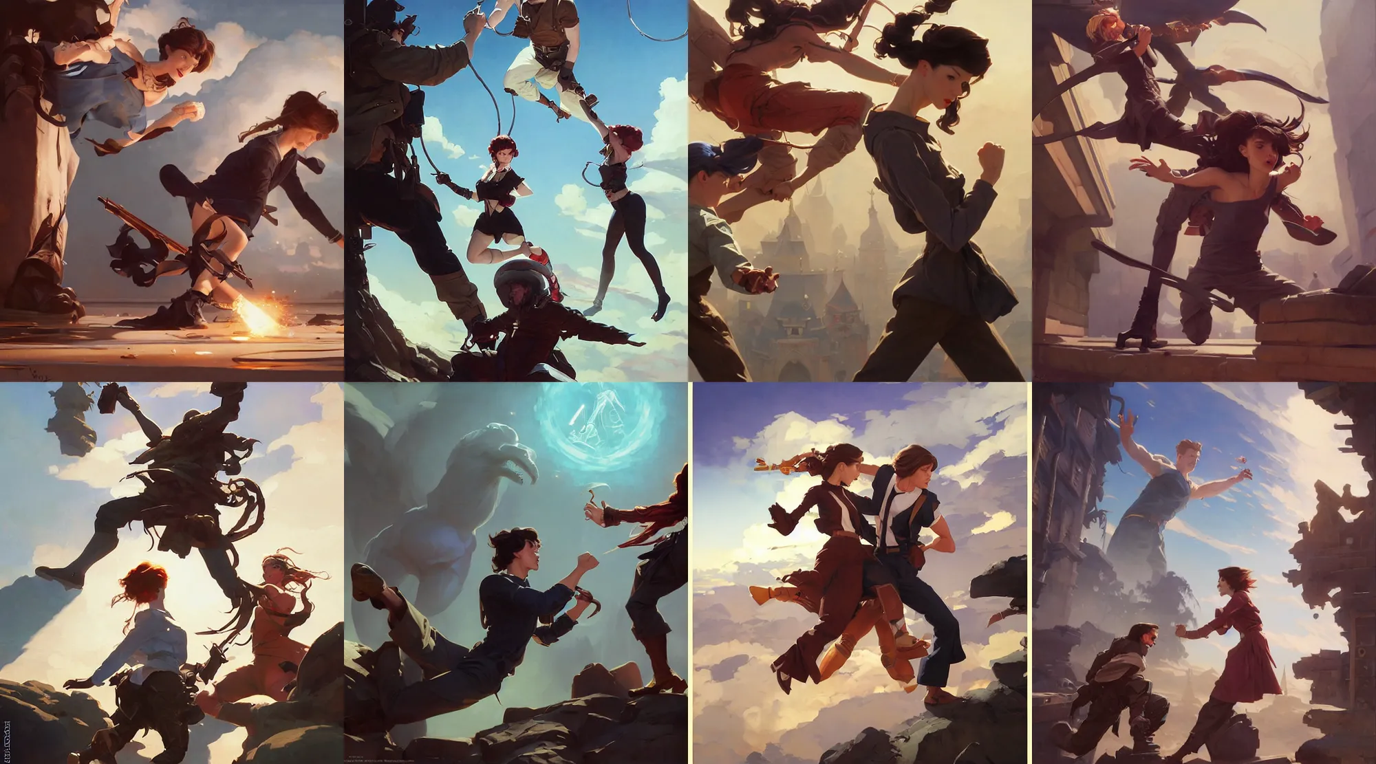 Prompt: sargent and leyendecker and greg hildebrandt, dynamic fighting scene, with a cute russian brunette young girl with long hairs, anime, stephen bliss, unreal engine, fantasy art by greg rutkowski, loish, rhads, ferdinand knab, makoto shinkai, ilya kuvshinov, rossdraws, global illumination, radiant light, detailed and intricate environment