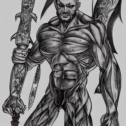 Image similar to muscular bald man, tattooed body, sword in hands, HD, anime style,