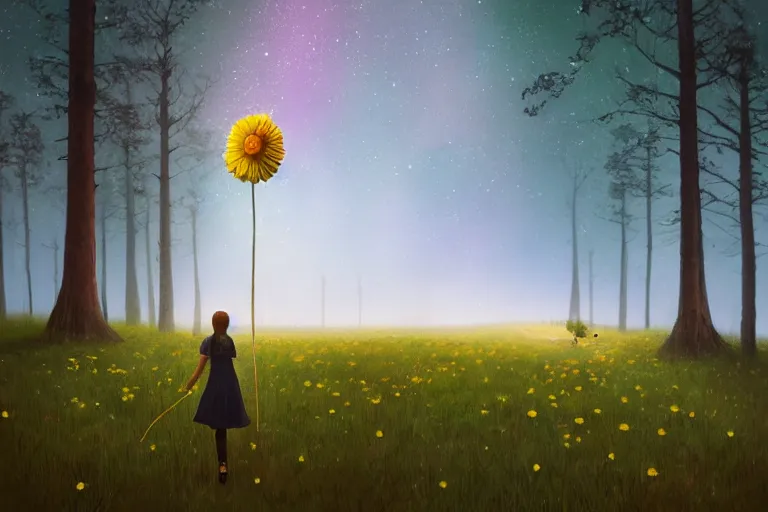 Image similar to giant daisy flower as a head, girl walking forest, big trees, hills, surreal photography, dark night, star trails, moon light, impressionist painting, clouds, digital painting, artstation, simon stalenhag