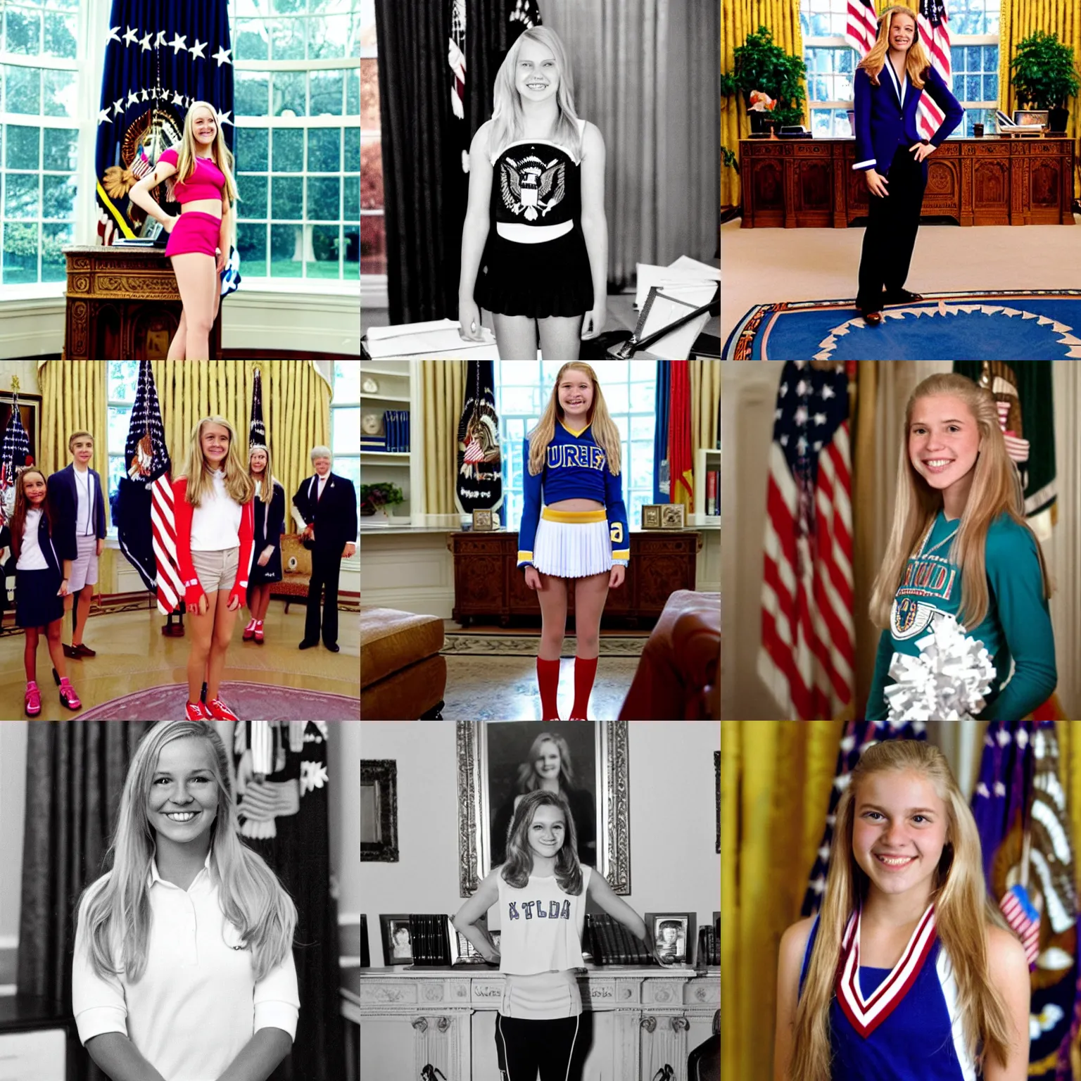 Prompt: A teenage girl cheerleader, long blond hair, standing in the Oval Office, grinning, as president of the united states, official photo portrait