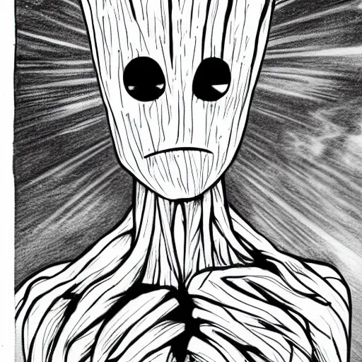 Image similar to groot baby ghost dark cyber scifi ambiance drawing