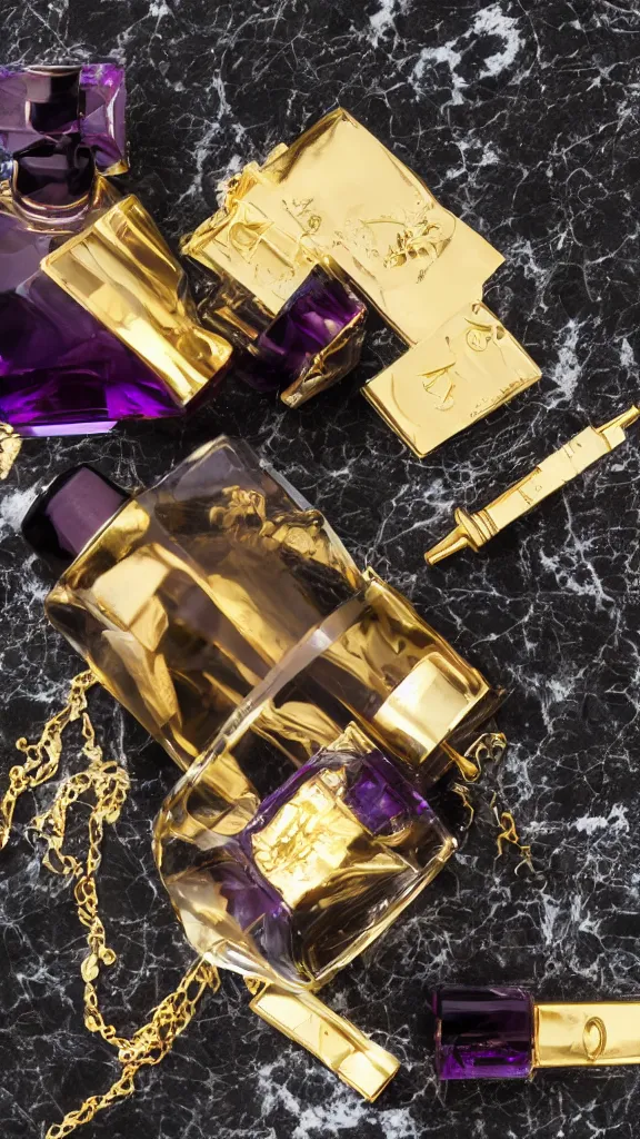 Prompt: close up shot of premium purple coloured perfume on a black marble table, golden cap, ultra detail, cinematic lighting, symmetrical, rendered, 4k