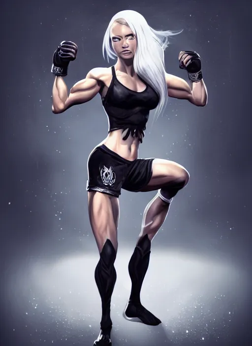 Image similar to a highly detailed illustration of fierce ponytail platinum blonde woman wearing black mma gear and gloves, dramatic muay thai kick stance pose, fairly muscular, athletic, intricate, elegant, highly detailed, centered, digital painting, artstation, concept art, smooth, sharp focus, league of legends concept art, WLOP