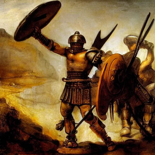 Prompt: spartan hoplite in the us Senate building cooking steak oil on canvas in the style of rembrandt
