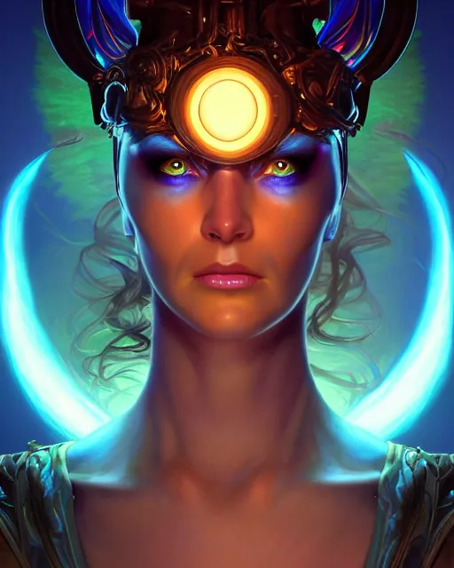 Image similar to epic fantasy render portrait of a beautiful bioluminescent woman with glowing eyes, dark retrowave, highly detailed, digital painting, cinematic, hyperrealism, rpg portrait, dynamic lighting, art by boris vallejo and julie bell and magali villeneuve and alphonse mucha, artstation, octane render, cgsociety