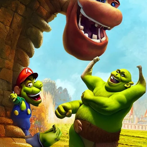 Prompt: shrek fighting mario by greg rutkowski, digital art, trending on artstation, highly detailed