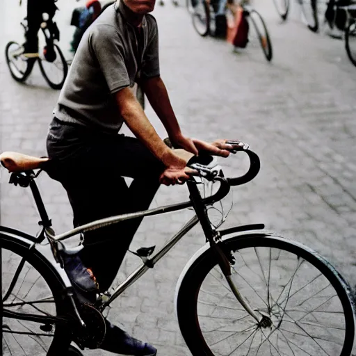 Image similar to closeup portrait of a cyclist in paris, by Steve McCurry and David Lazar, natural light, detailed face, CANON Eos C300, ƒ1.8, 35mm, 8K, medium-format print