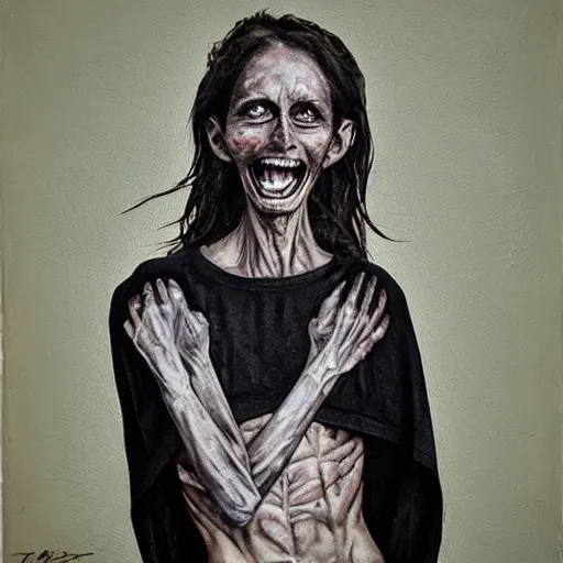 Image similar to death-camp-survivor-super-skinny-emaciated-horribly-skinny-Laughing-Cheerfully painting by Thomas-Montacellinio