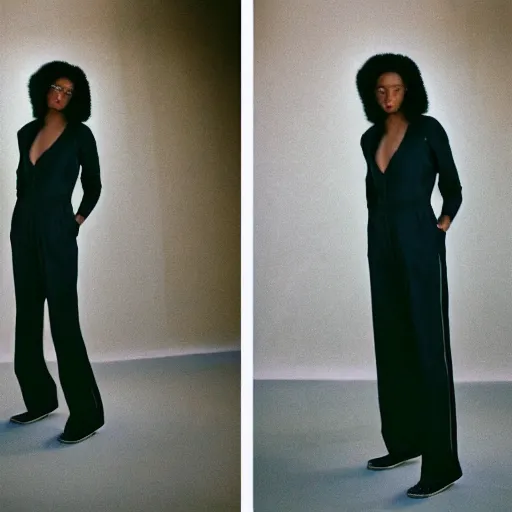 Image similar to realistic photoshooting for a new balenciaga lookbook, color film photography, portrait of a beautiful woman, woman is wearing a jumpsuit, in style of Tyler Mitchell, 35mm,