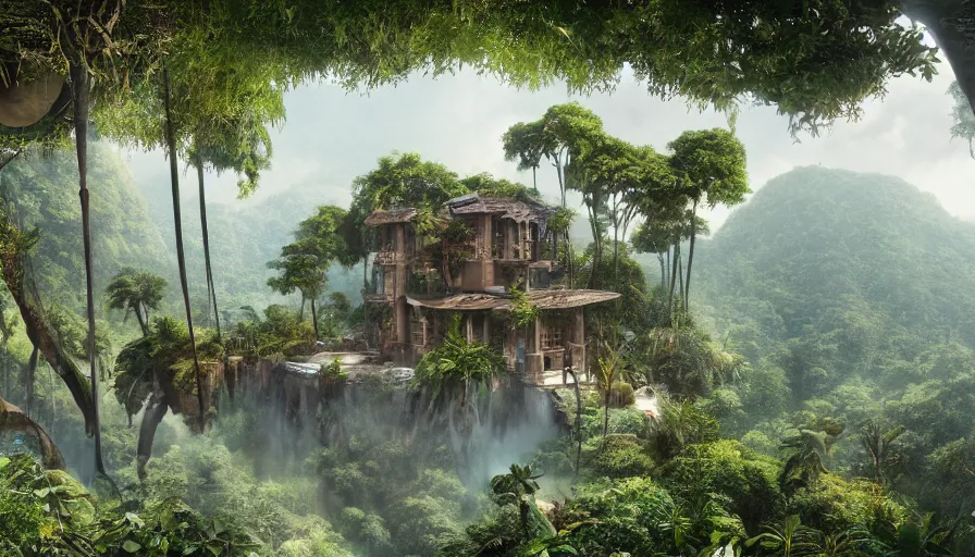 Prompt: Magnificent glazed villa with a wooden balcory built on the edge of a green mountains in the jungle, hyperdetailed, artstation, cgsociety, 8k