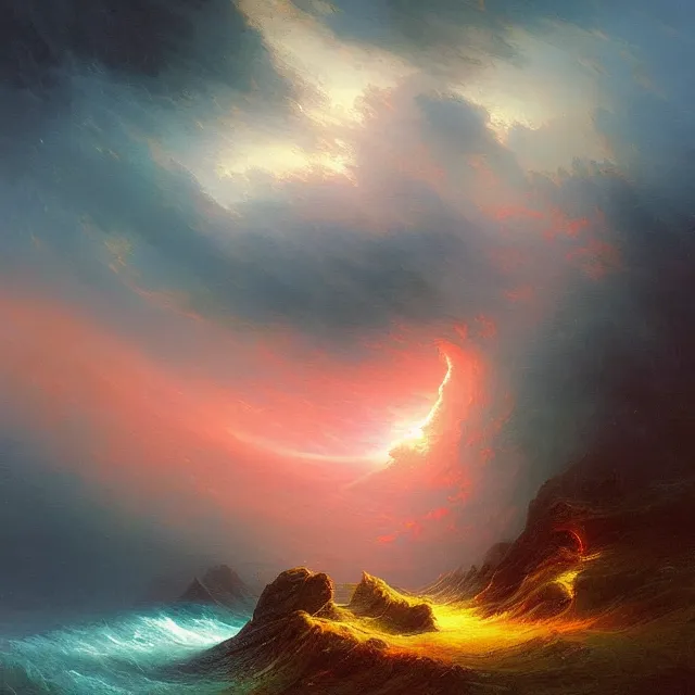 Image similar to the eye of an hurricane, fantasy landscape, colorful, sharp and focus, ultra detailed, beautifully lit landscape, astrophotography, in the art style of dan mumford, ivan aivazovsky and marc simonetti