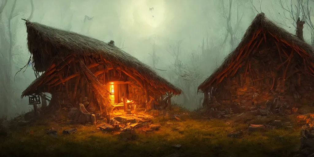 Image similar to a witch hut inside, greg rutkowski, zabrocki, karlkka, jayison devadas, trending on artstation, 8 k, ultra wide angle, zenith view, pincushion lens effect