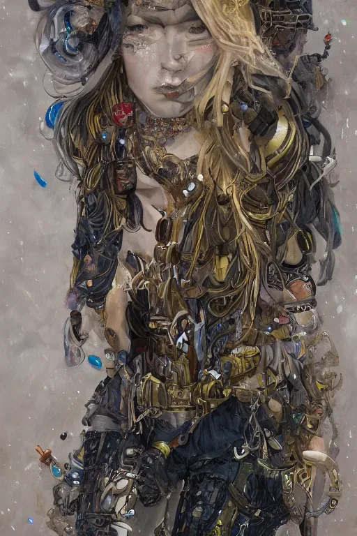 Prompt: portrait of beautiful young gothic maiden, cyberpunk, warhammer, highly detailed, artstation, illustration, art by gustav klimt