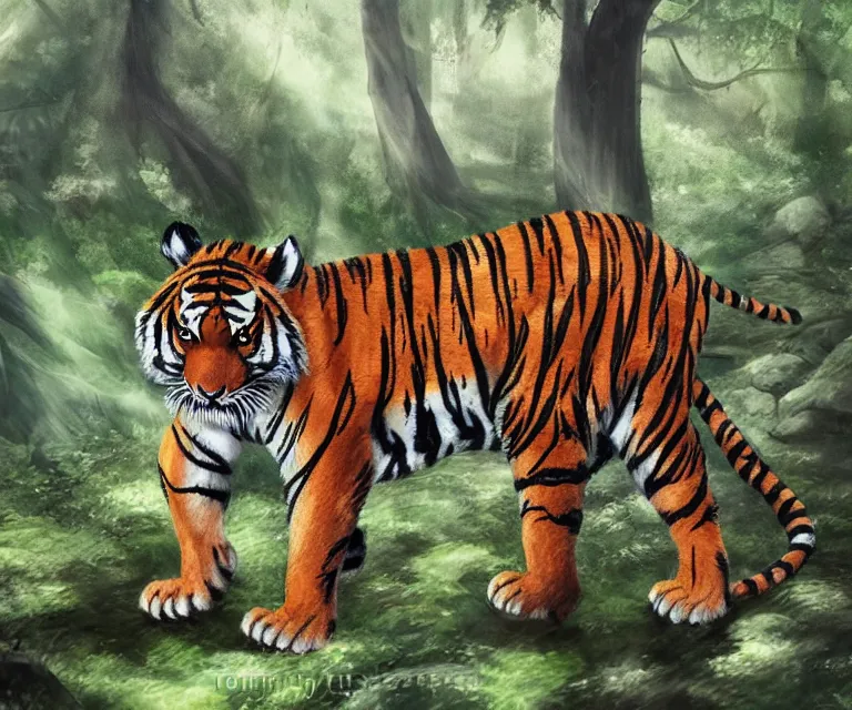 Image similar to tiger in a forest, anime fantasy illustration by tomoyuki yamasaki, kyoto studio, madhouse, ufotable, comixwave films, trending on artstation