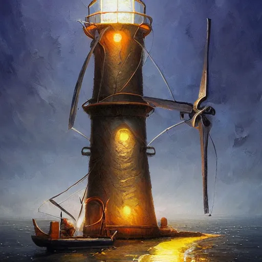 Image similar to level windmill lighthouse turbine propeller sails in Hand Crafted from composite materials by Futuristic Steampunk Savant Neurocrafter Gnomes. Painting by anato finnstark greg rutkowski Donato Giancola Jeff Simpson tombow