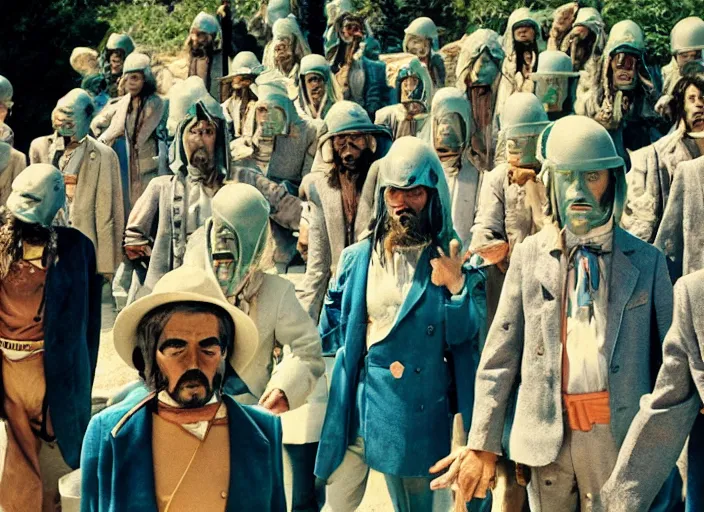 Image similar to 7 0 mm still from the holy mountain film by alejandro jodorowsky, intense scene in a picturesque outdoors setting, extra terrestrial beings in suits holding mirrors for people, close - up view of the actors'faces, technicolor, 8 k