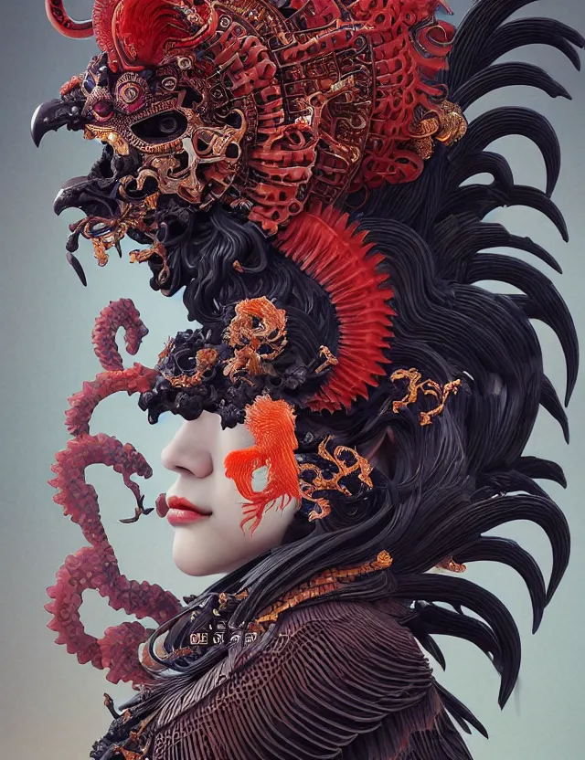 Image similar to 3 d goddess of hell close - up profile portrait with ram skull. beautiful intricately detailed japanese crow kitsune mask and clasical japanese kimono. betta fish, jellyfish phoenix, bio luminescent, plasma, ice, water, wind, creature, artwork by tooth wu and wlop and beeple and greg rutkowski