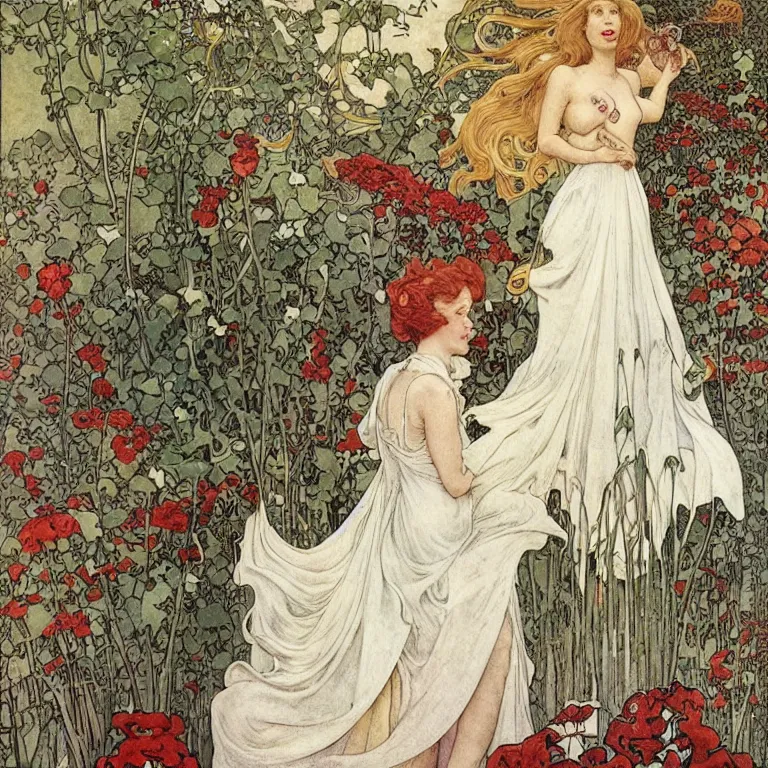 Image similar to A woman stands back in a white dress, blonde with red lips, she is wrapped in ivy and flowers, next to her is a robot man Anton Pieck,Jean Delville, Amano,Yves Tanguy, Alphonse Mucha, Ernst Haeckel, Edward Robert Hughes,Stanisław Szukalski and Roger Dean