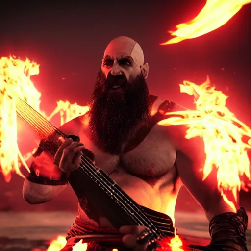 Prompt: screaming kratos shredding on a flaming stratocaster guitar, cinematic render, god of war 2 0 1 8, santa monica studio official media, lightning, viking armor, head turned