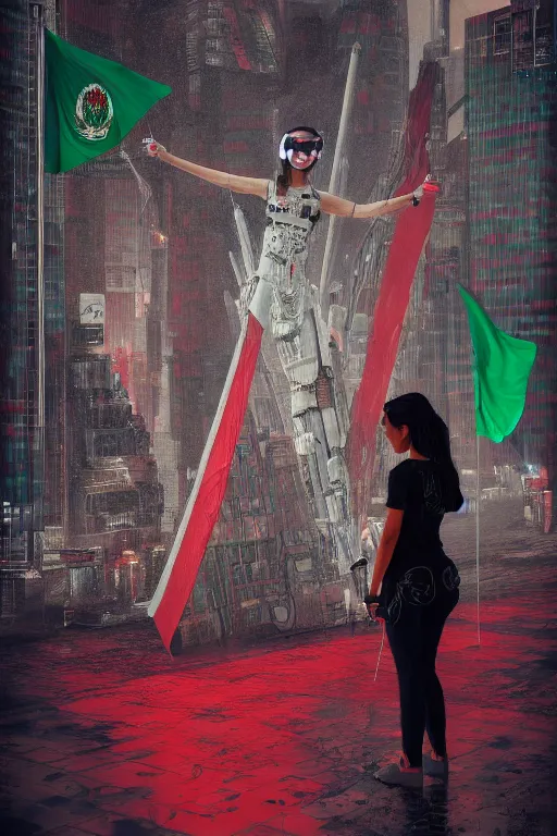 Image similar to cyberpunk girl in front of mexico flag in the style of remedios varo