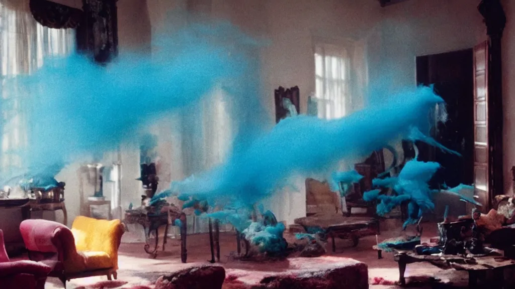 Image similar to colored powder explosion in the living room, film still from the movie directed by Denis Villeneuve with art direction by Salvador Dalí, wide lens