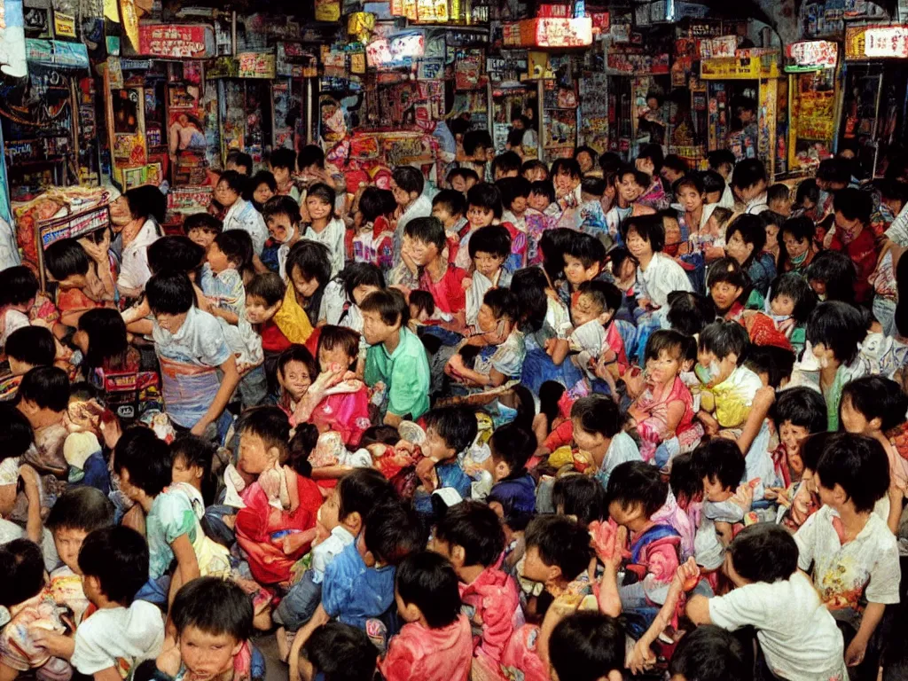 Image similar to 1 9 8 8 photo of : in the narrow cramped dense “ kowloon walled city ”, children are playing colorful video games in a crowded arcade. the room is full of industrial machinery, and is tattered and dirty. full - color professional journalistic photography from “ time ” magazine.