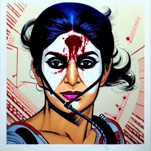 Image similar to a profile photo of a pakistaniwoman with a diving oxygen mask with side profile blood in ocean intricate details by MARVEL comics and Sandra Chevrier-C