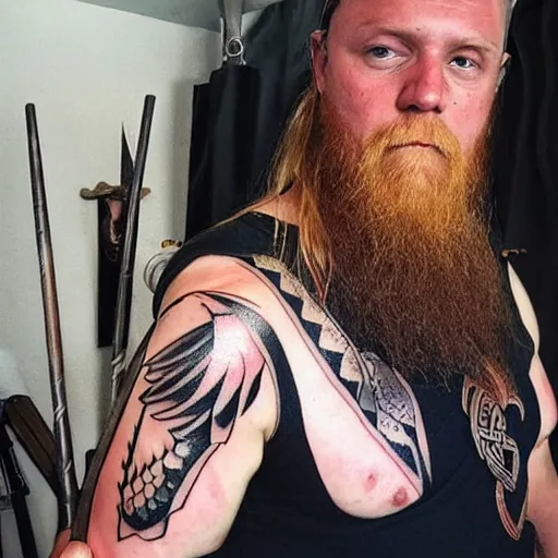 Prompt: viking wielding to hand axes with raven on his shoulder celtic tattoo
