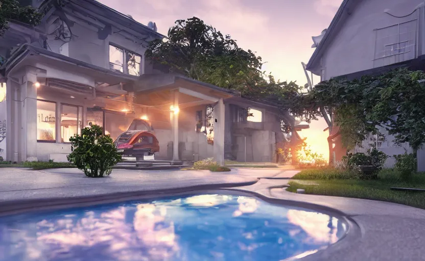 Prompt: a vw beetle parked near a modern small house with a pool at sunrise, concept art, octane render, unreal engine 5, trending on artstation, high quality, highly detailed, 8 k, soft lighting, path traced, godrays, lens flare, hyperrealistic, symmetrical, low contrast, digital art, beautiful, elegant