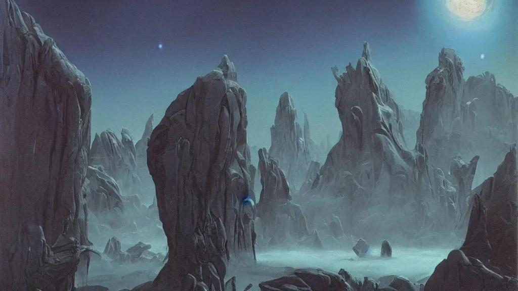 Prompt: eerie atmospheric evolving alien planet by gerald brom and vincent di fate, epic cinematic matte painting