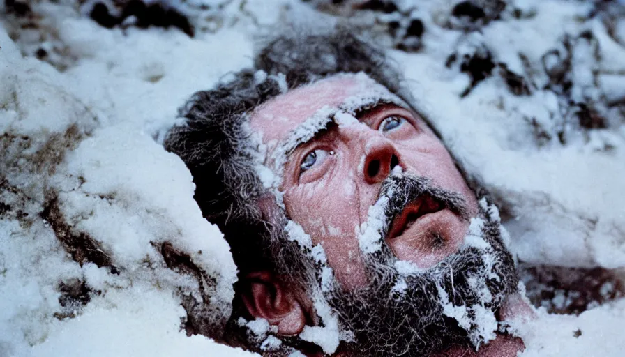 Prompt: 1 9 6 0 s movie still close up of marcus aurelius dirty face frozen to death under the snow on a river's shore with gravel, pine forests, cinestill 8 0 0 t 3 5 mm, high quality, heavy grain, high detail, texture, dramatic light, anamorphic, hyperrealistic, detailed hair foggy