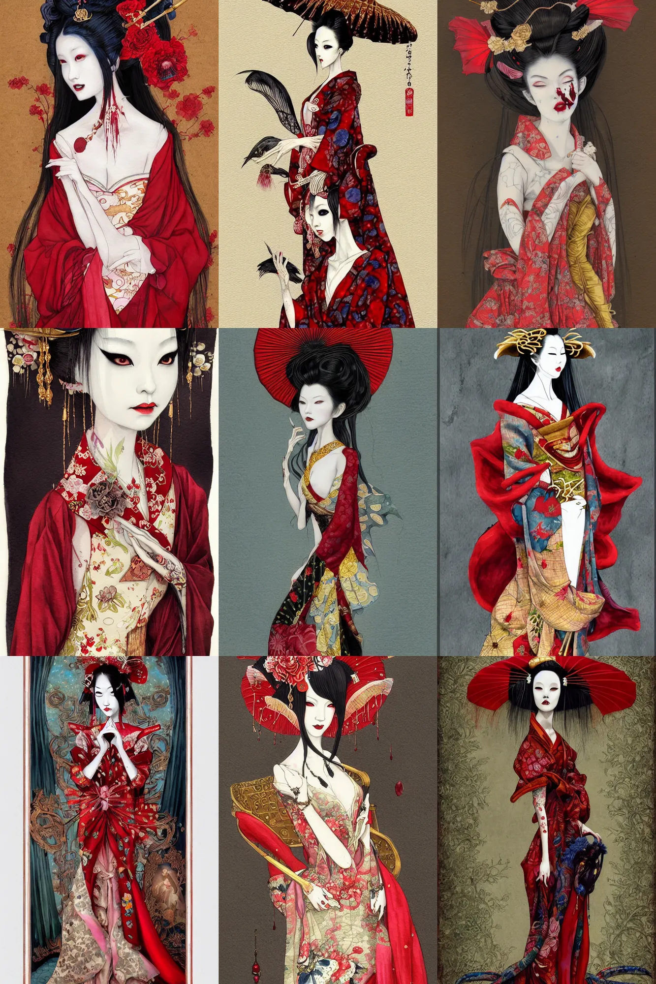 Prompt: watercolor painting of avant - garde portrait of a japanese bjd geisha vampire queen with a long neck in a victorian red dress painted by daniel merriam, amy sol, intricate detail, artstation, artgerm, in the style of dark - fantasy, rococo, gold leaf art