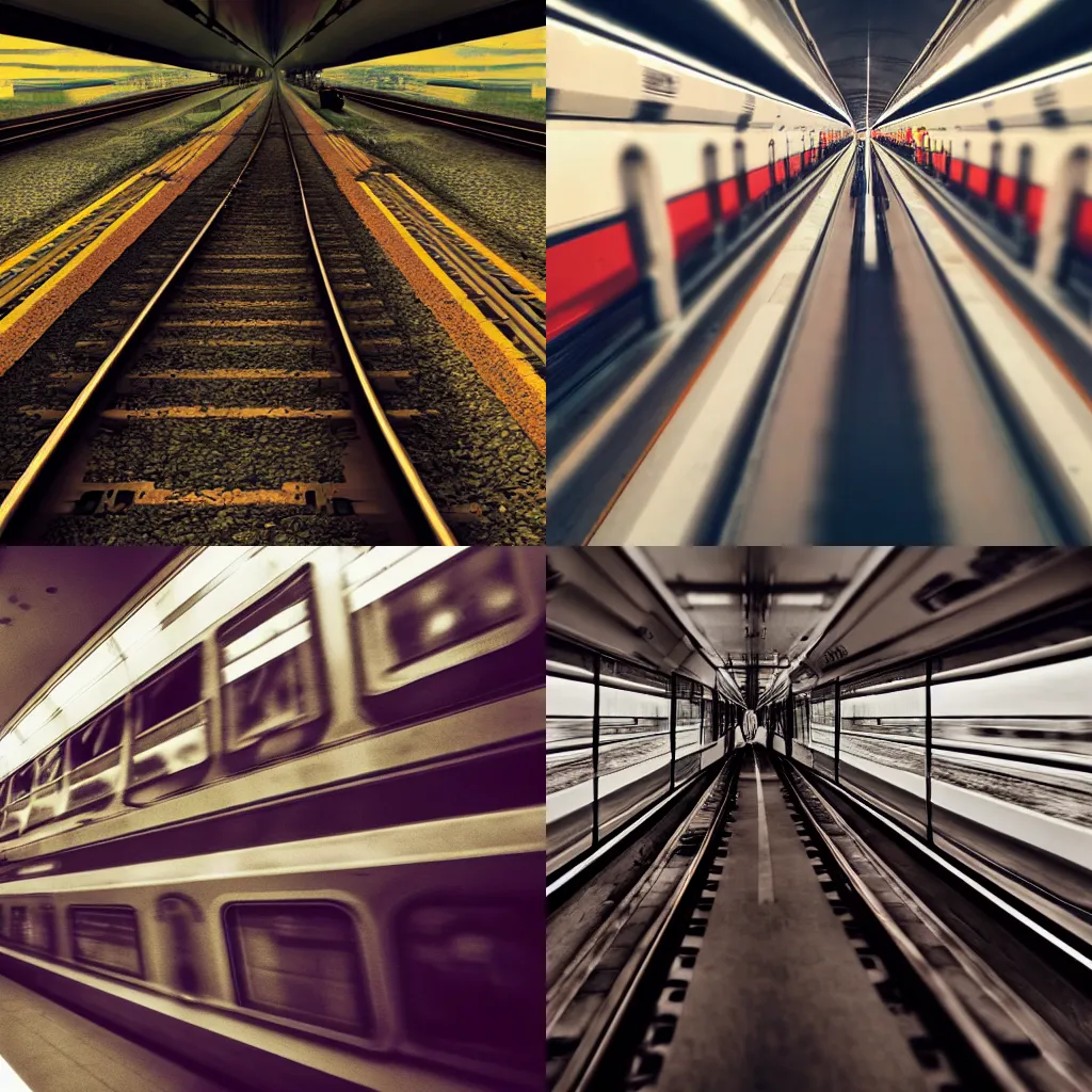 Prompt: a train is coming full of passengers onboard, dramatically low angle photograph, trending on artstation